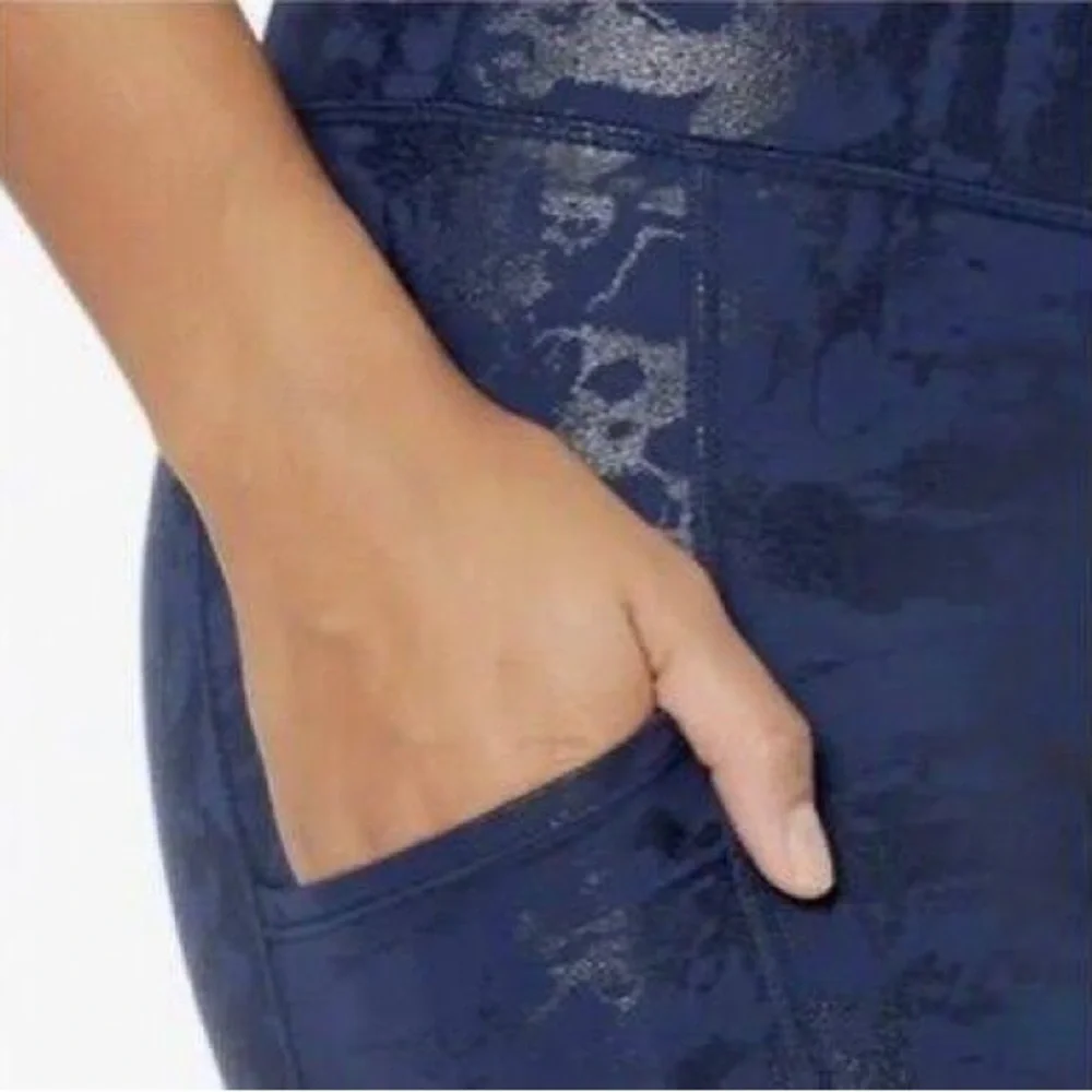 Lilly Pulitzer Luxletic High Rise Midi Leggings SZ L True Navy Shoreline Foil - Picture 2 of 5